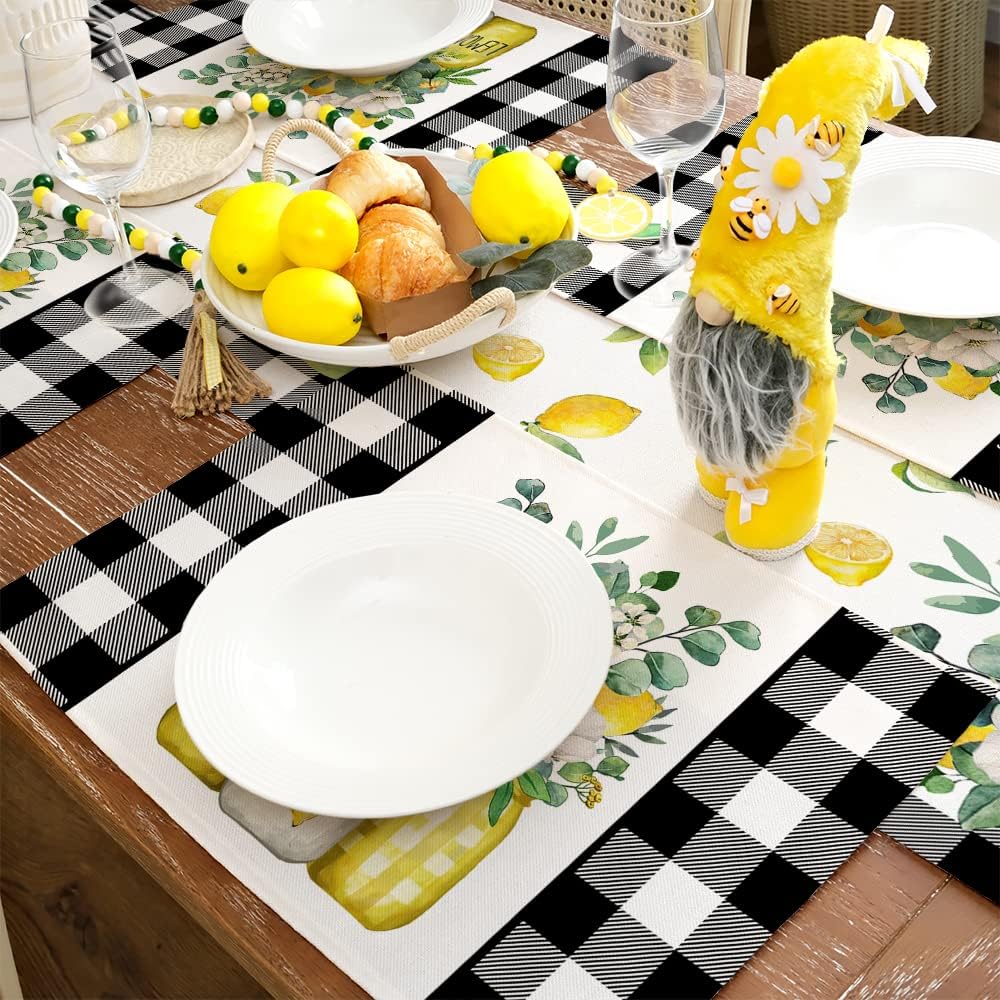 Lemon Summer Placemats 12x18 Inch Set of 4 Black Vase Spring Table Mats Farmhouse Rustic Holiday Kitchen Dining Table Decoration for Indoor Outdoor Dinner Party Décor GP084-18