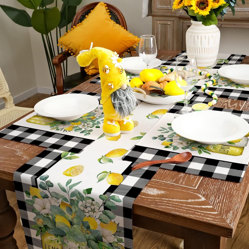 Lemon Summer Placemats 12x18 Inch Set of 4 Black Vase Spring Table Mats Farmhouse Rustic Holiday Kitchen Dining Table Decoration for Indoor Outdoor Dinner Party Décor GP084-18