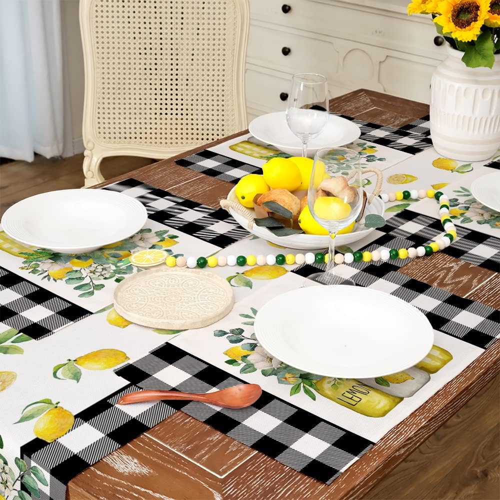 Lemon Summer Placemats 12x18 Inch Set of 4 Black Vase Spring Table Mats Farmhouse Rustic Holiday Kitchen Dining Table Decoration for Indoor Outdoor Dinner Party Décor GP084-18