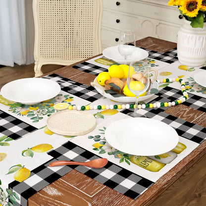 Lemon Summer Placemats 12x18 Inch Set of 4 Black Vase Spring Table Mats Farmhouse Rustic Holiday Kitchen Dining Table Decoration for Indoor Outdoor Dinner Party Décor GP084-18