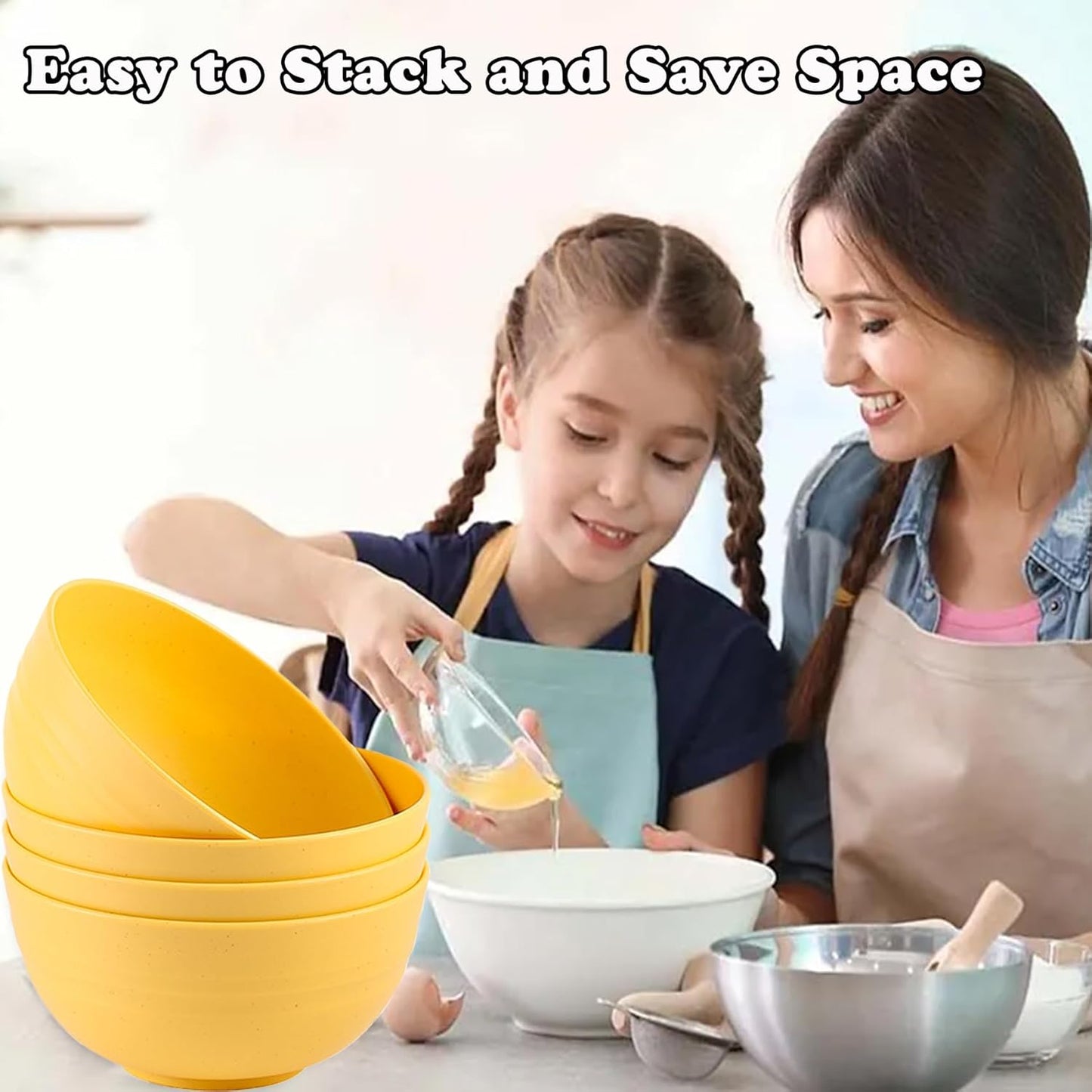 Unbreakable Wheat Straw Cereal Bowls Set of 4, 24 OZ Microwave and Dishwasher Safe Lightweight Soup and Salad Bowl Sets, Reusable Dessert Bowls for Rice, Pasta, Snack, Fruit, BPA Free (Yellow)
