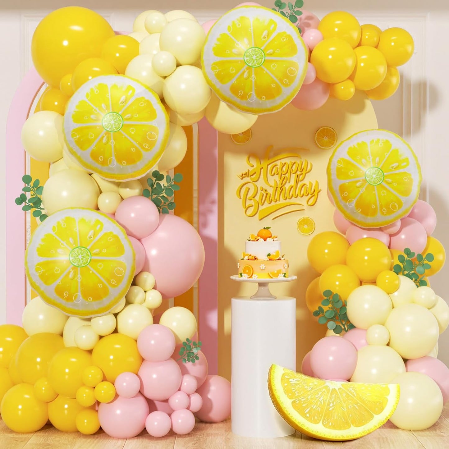 Lemon Balloon Garland Arch Kit 144Pcs, Pink and Yellow Balloons Arch Kit, Pastel Yellow Light Pink Balloons for Lemon Baby Shower Bridal Shower Main Squeeze Lemonade Birthday Party Decor