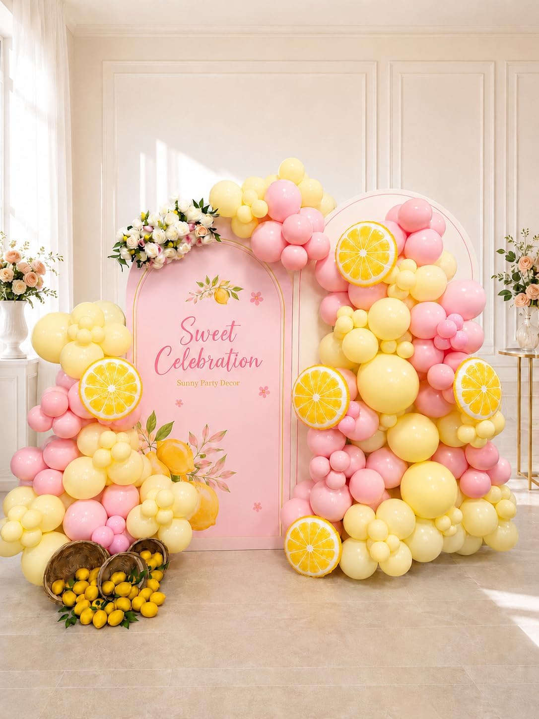Lemon Balloon Garland Arch Kit 144Pcs, Pink and Yellow Balloons Arch Kit, Pastel Yellow Light Pink Balloons for Lemon Baby Shower Bridal Shower Main Squeeze Lemonade Birthday Party Decor