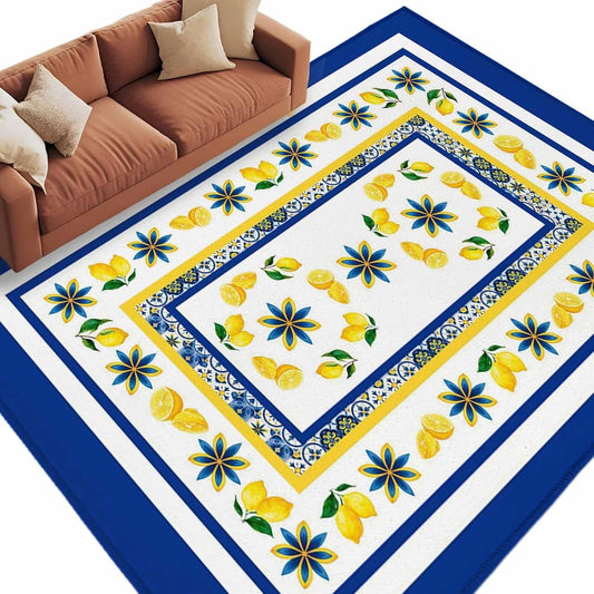 Mediterranean Lemon Kitchen Area Rugs Rectangle 5x8ft, Italian Classic Flowers Blue White Bathroom Living Room Rugs Felt Carpet Rubber Backing Non-Slip Rug for Entryway Bedroom