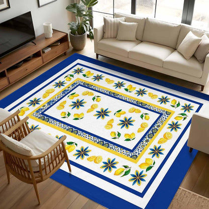 Mediterranean Lemon Kitchen Area Rugs Rectangle 5x8ft, Italian Classic Flowers Blue White Bathroom Living Room Rugs Felt Carpet Rubber Backing Non-Slip Rug for Entryway Bedroom