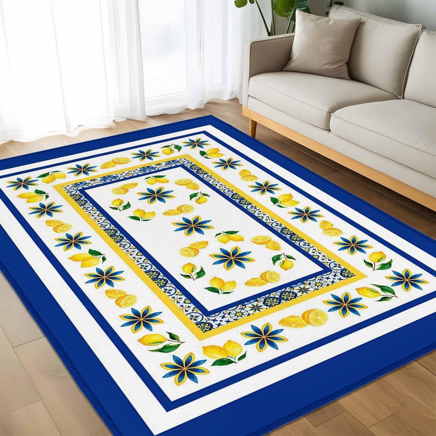 Mediterranean Lemon Kitchen Area Rugs Rectangle 5x8ft, Italian Classic Flowers Blue White Bathroom Living Room Rugs Felt Carpet Rubber Backing Non-Slip Rug for Entryway Bedroom