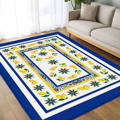 Mediterranean Lemon Kitchen Area Rugs Rectangle 5x8ft, Italian Classic Flowers Blue White Bathroom Living Room Rugs Felt Carpet Rubber Backing Non-Slip Rug for Entryway Bedroom