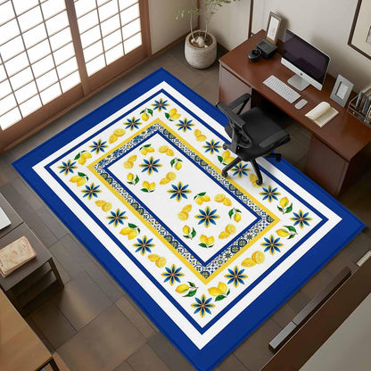 Mediterranean Lemon Kitchen Area Rugs Rectangle 5x8ft, Italian Classic Flowers Blue White Bathroom Living Room Rugs Felt Carpet Rubber Backing Non-Slip Rug for Entryway Bedroom
