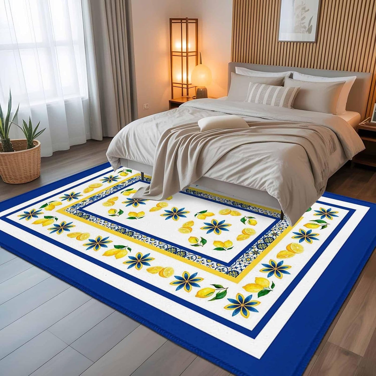 Mediterranean Lemon Kitchen Area Rugs Rectangle 5x8ft, Italian Classic Flowers Blue White Bathroom Living Room Rugs Felt Carpet Rubber Backing Non-Slip Rug for Entryway Bedroom