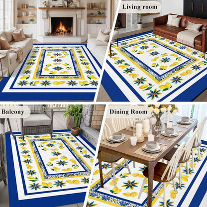 Mediterranean Lemon Kitchen Area Rugs Rectangle 5x8ft, Italian Classic Flowers Blue White Bathroom Living Room Rugs Felt Carpet Rubber Backing Non-Slip Rug for Entryway Bedroom