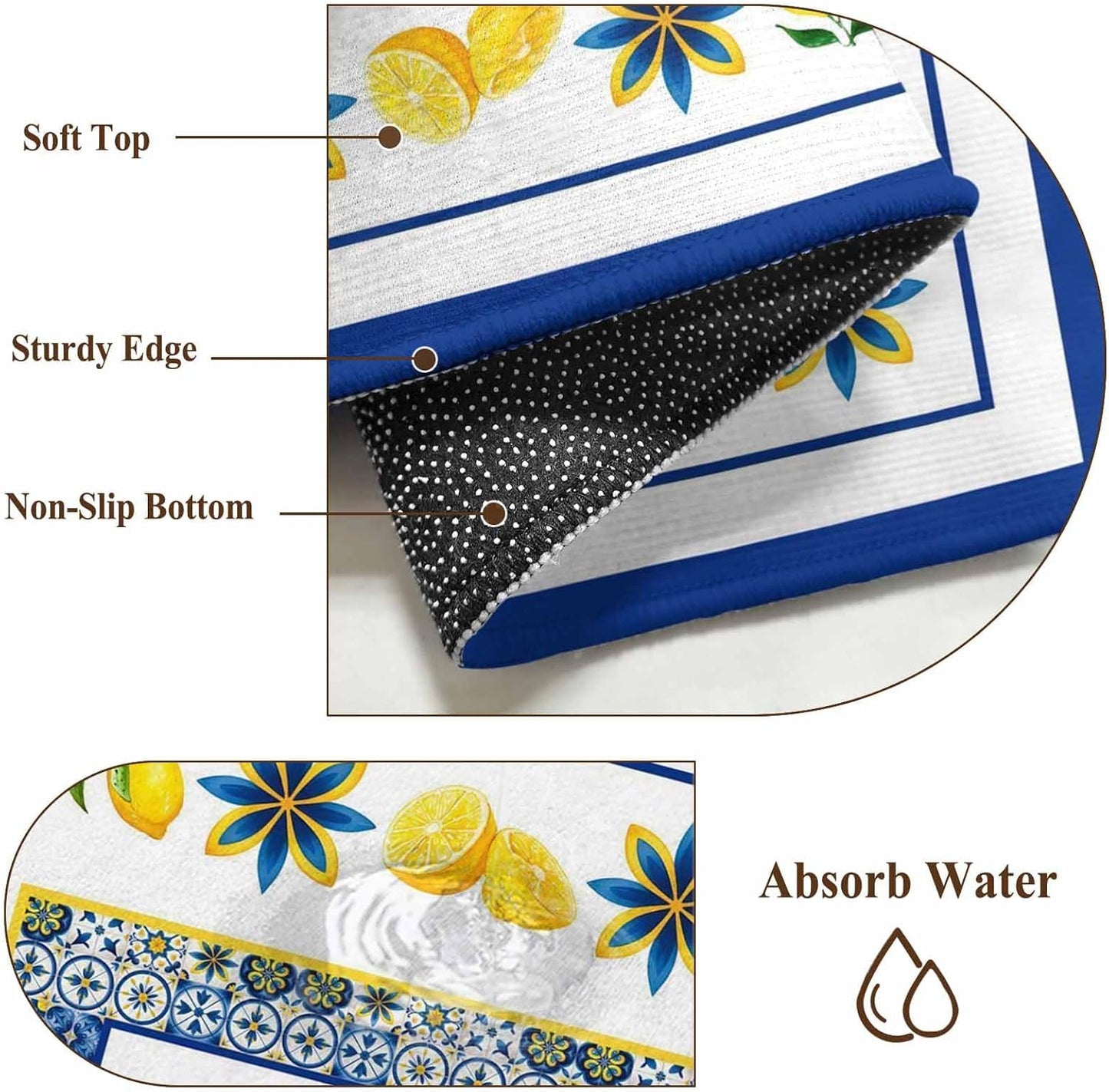 Mediterranean Lemon Kitchen Area Rugs Rectangle 5x8ft, Italian Classic Flowers Blue White Bathroom Living Room Rugs Felt Carpet Rubber Backing Non-Slip Rug for Entryway Bedroom