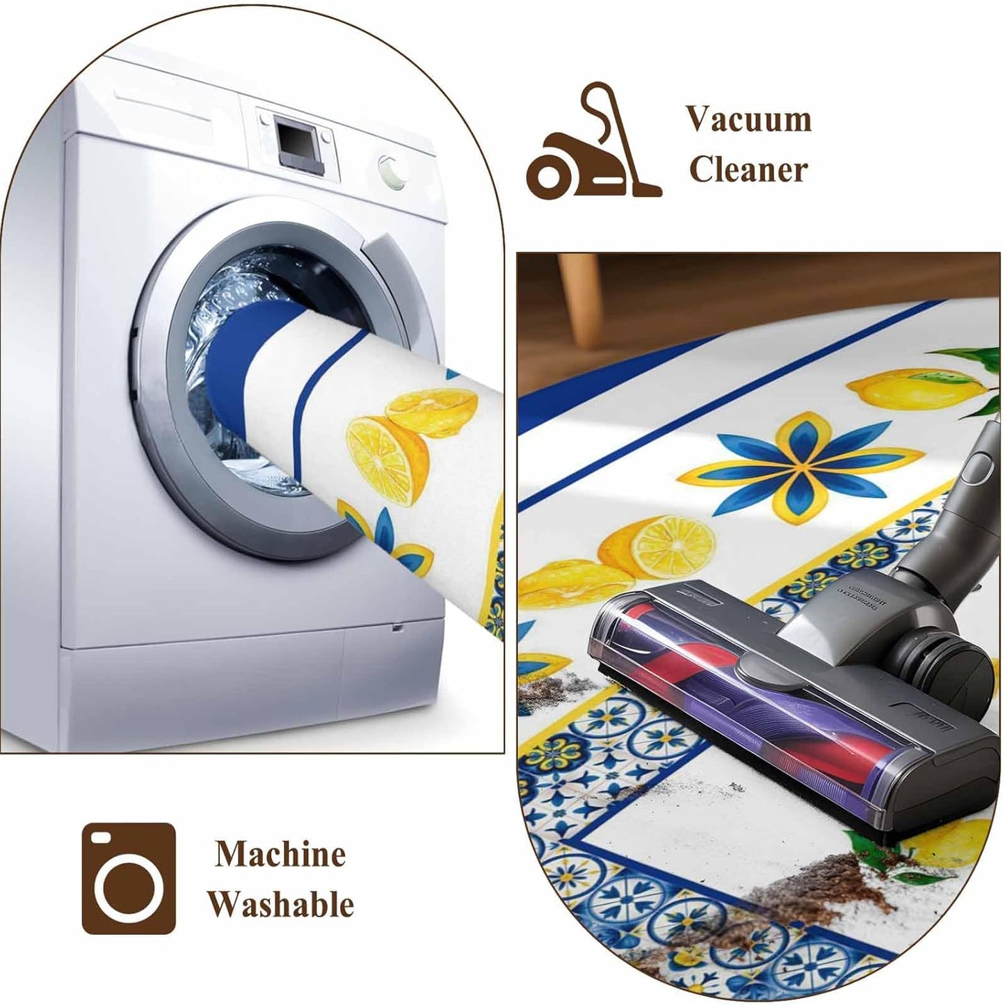 Mediterranean Lemon Kitchen Area Rugs Rectangle 5x8ft, Italian Classic Flowers Blue White Bathroom Living Room Rugs Felt Carpet Rubber Backing Non-Slip Rug for Entryway Bedroom