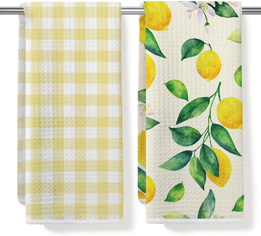 2Pcs Lemon Gifts Kitchen Towels Waffle Hand Towels for Kitchen Home Bathroom Decor Summer Decorative Tea Dish Towel Lemon Kitchen Decor and Accessories Housewarming Gifts for Women 24x14 Inchs