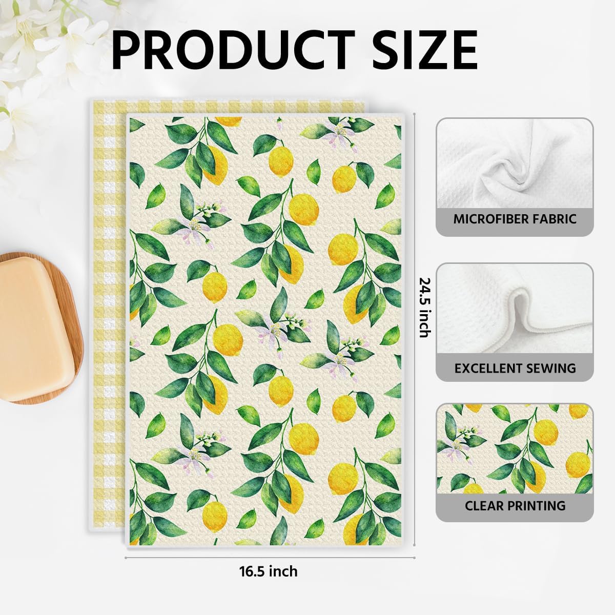 2Pcs Lemon Gifts Kitchen Towels Waffle Hand Towels for Kitchen Home Bathroom Decor Summer Decorative Tea Dish Towel Lemon Kitchen Decor and Accessories Housewarming Gifts for Women 24x14 Inchs