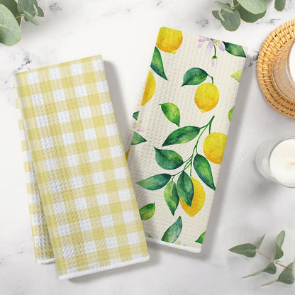 2Pcs Lemon Gifts Kitchen Towels Waffle Hand Towels for Kitchen Home Bathroom Decor Summer Decorative Tea Dish Towel Lemon Kitchen Decor and Accessories Housewarming Gifts for Women 24x14 Inchs