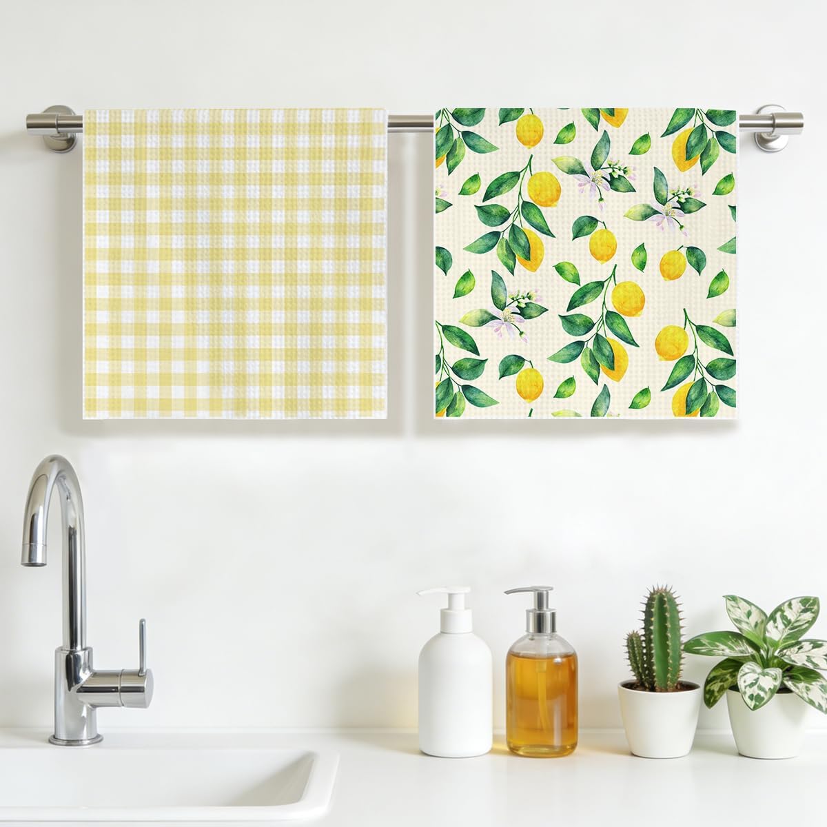 2Pcs Lemon Gifts Kitchen Towels Waffle Hand Towels for Kitchen Home Bathroom Decor Summer Decorative Tea Dish Towel Lemon Kitchen Decor and Accessories Housewarming Gifts for Women 24x14 Inchs