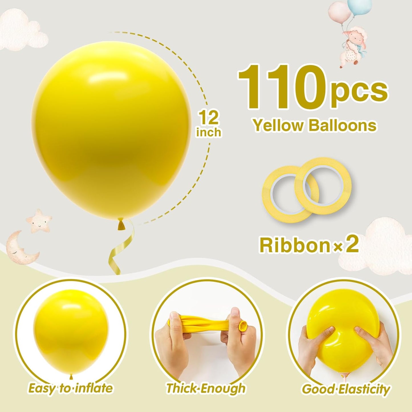 110pcs Yellow Balloons 12 Inch Latex Balloon for Yellow Birthday Decorations Wedding Christmas Gender Reveal Engagement Anniversary Princess Bridal Shower Baby Shower Decorations