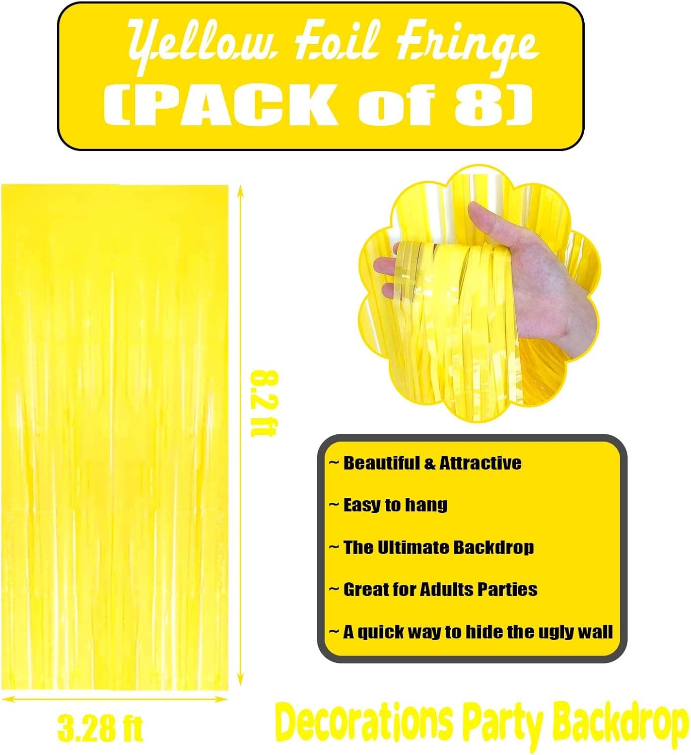 8 Pack Yellow Tinsel Foil Fringe Curtain Backdrop, 3.28Ft x 8.2Ft Metallic Streamers for Photo Booth, Birthday, Wedding, Thanksgiving Day, Christmas, Birthday, Halloween Party Decorations