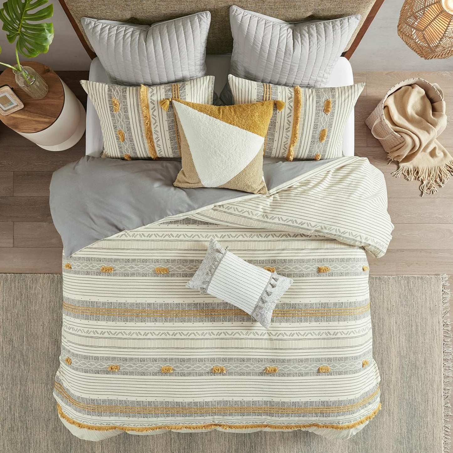 Queen Duvet Cover Set, Chic Trims & Pompom Accent, Boho Duvet Set Queen, All Season, Lightweight Cotton Duvet Queen Bedding Cover, 2 Shams, Cody, Full/Queen Gray/Yellow 3 Piece