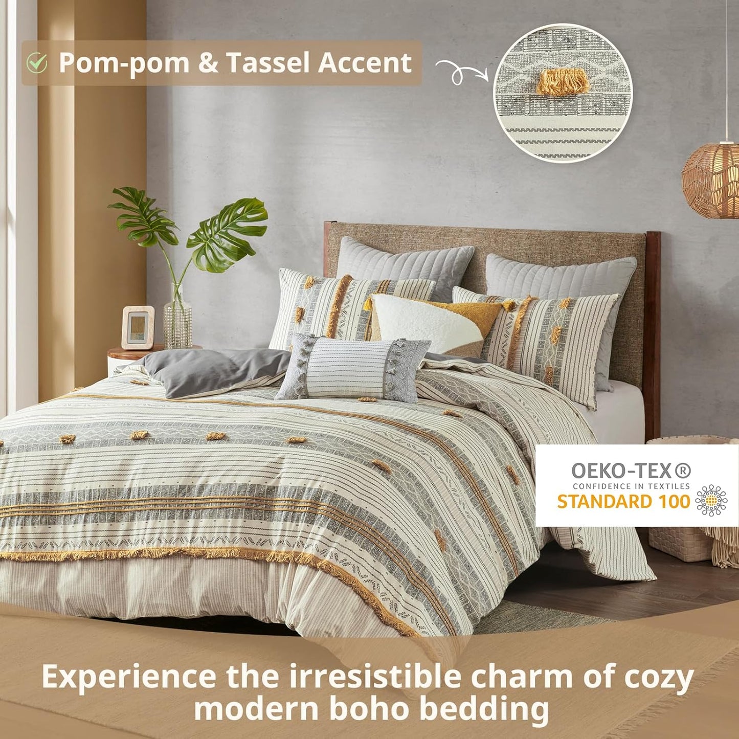 Queen Duvet Cover Set, Chic Trims & Pompom Accent, Boho Duvet Set Queen, All Season, Lightweight Cotton Duvet Queen Bedding Cover, 2 Shams, Cody, Full/Queen Gray/Yellow 3 Piece