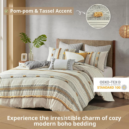 Queen Duvet Cover Set, Chic Trims & Pompom Accent, Boho Duvet Set Queen, All Season, Lightweight Cotton Duvet Queen Bedding Cover, 2 Shams, Cody, Full/Queen Gray/Yellow 3 Piece