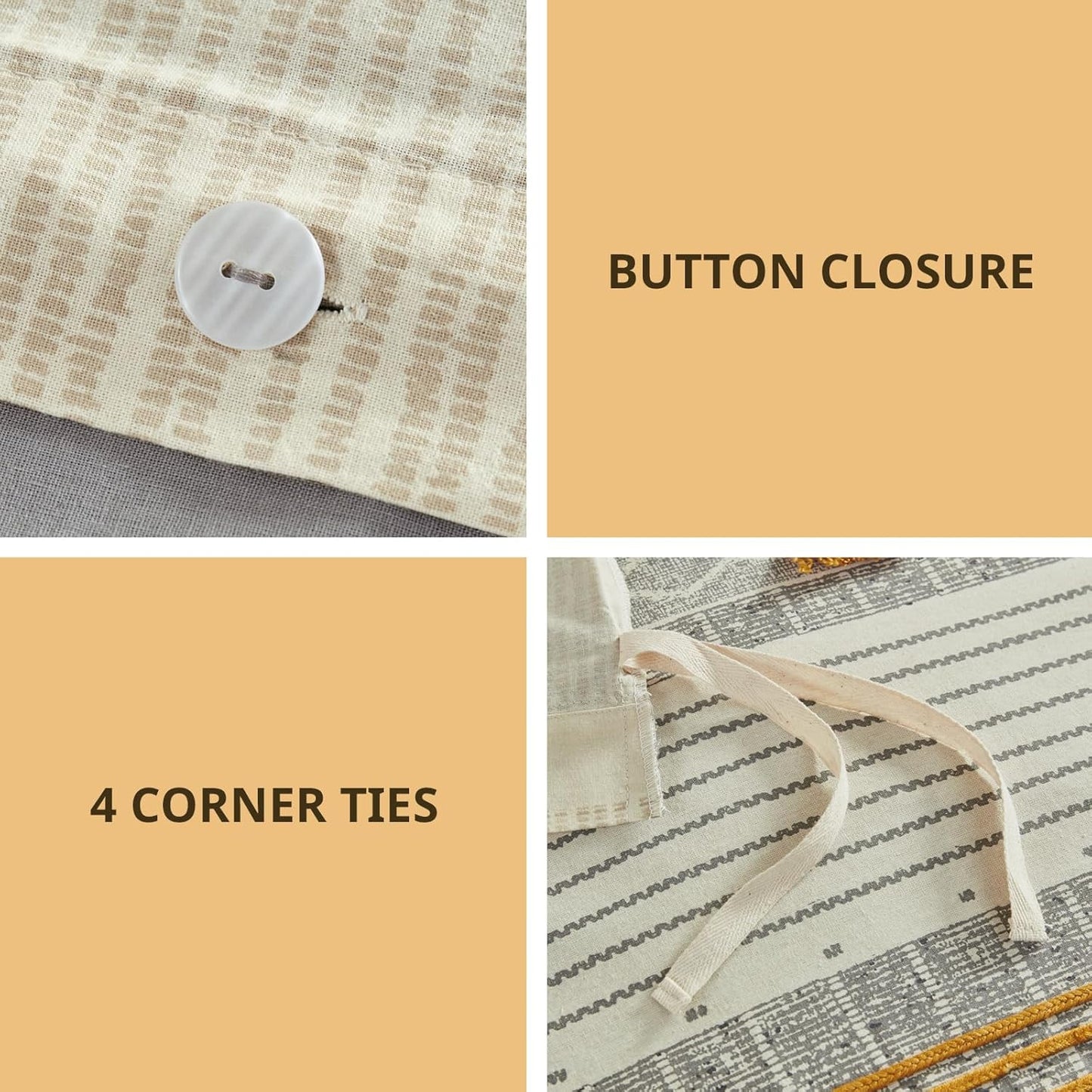 Queen Duvet Cover Set, Chic Trims & Pompom Accent, Boho Duvet Set Queen, All Season, Lightweight Cotton Duvet Queen Bedding Cover, 2 Shams, Cody, Full/Queen Gray/Yellow 3 Piece