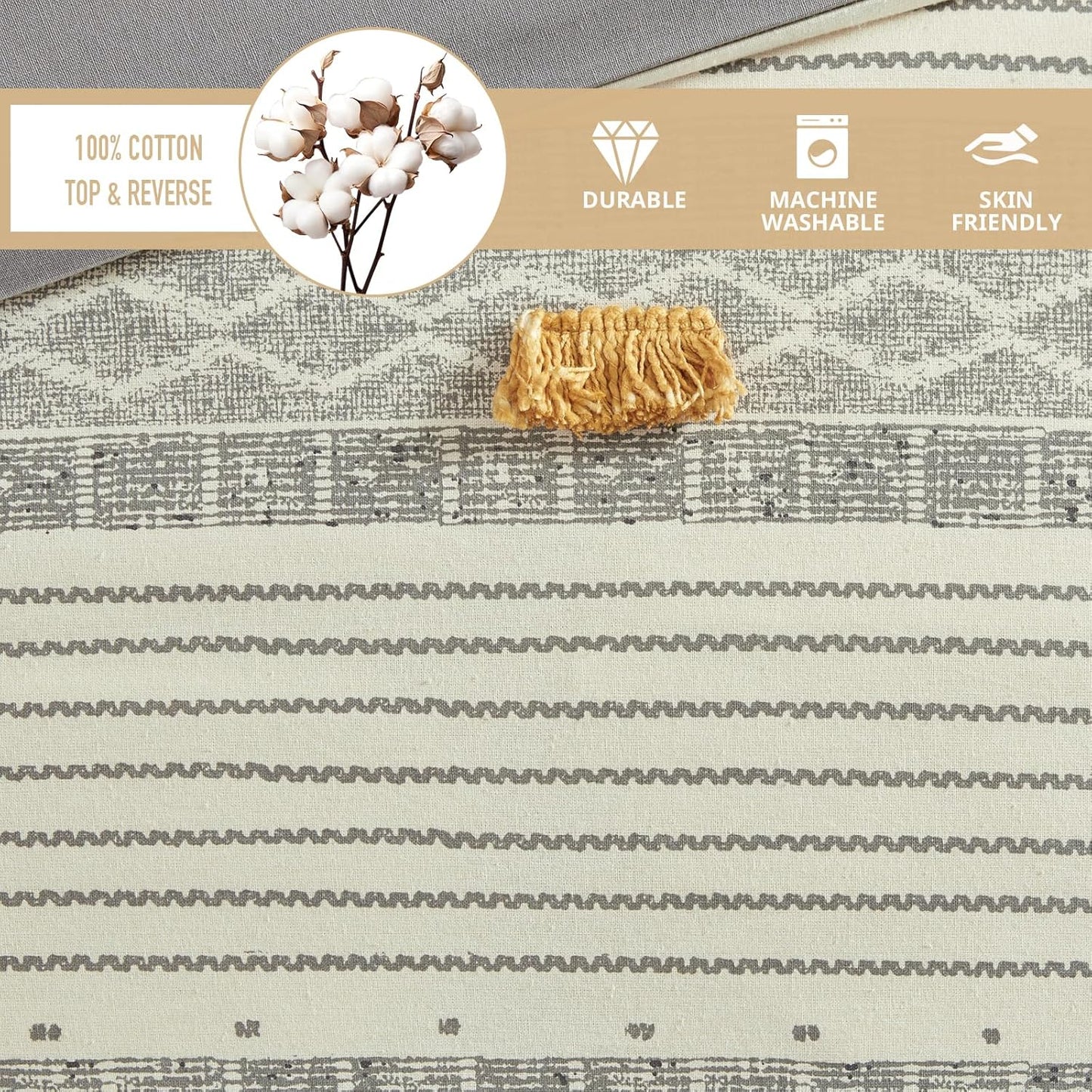 Queen Duvet Cover Set, Chic Trims & Pompom Accent, Boho Duvet Set Queen, All Season, Lightweight Cotton Duvet Queen Bedding Cover, 2 Shams, Cody, Full/Queen Gray/Yellow 3 Piece