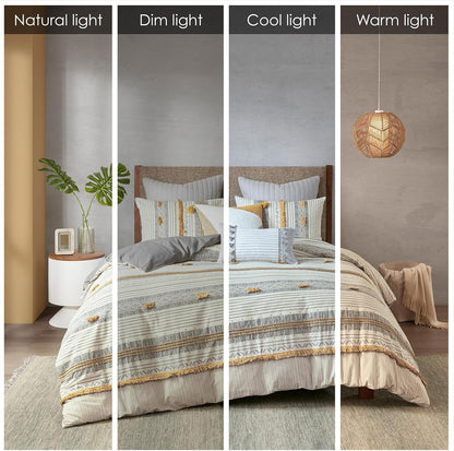 Queen Duvet Cover Set, Chic Trims & Pompom Accent, Boho Duvet Set Queen, All Season, Lightweight Cotton Duvet Queen Bedding Cover, 2 Shams, Cody, Full/Queen Gray/Yellow 3 Piece
