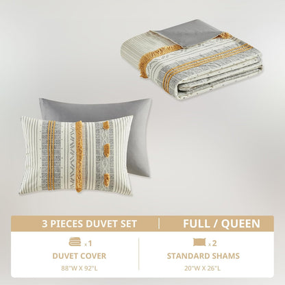 Queen Duvet Cover Set, Chic Trims & Pompom Accent, Boho Duvet Set Queen, All Season, Lightweight Cotton Duvet Queen Bedding Cover, 2 Shams, Cody, Full/Queen Gray/Yellow 3 Piece