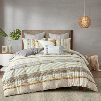 Queen Duvet Cover Set, Chic Trims & Pompom Accent, Boho Duvet Set Queen, All Season, Lightweight Cotton Duvet Queen Bedding Cover, 2 Shams, Cody, Full/Queen Gray/Yellow 3 Piece