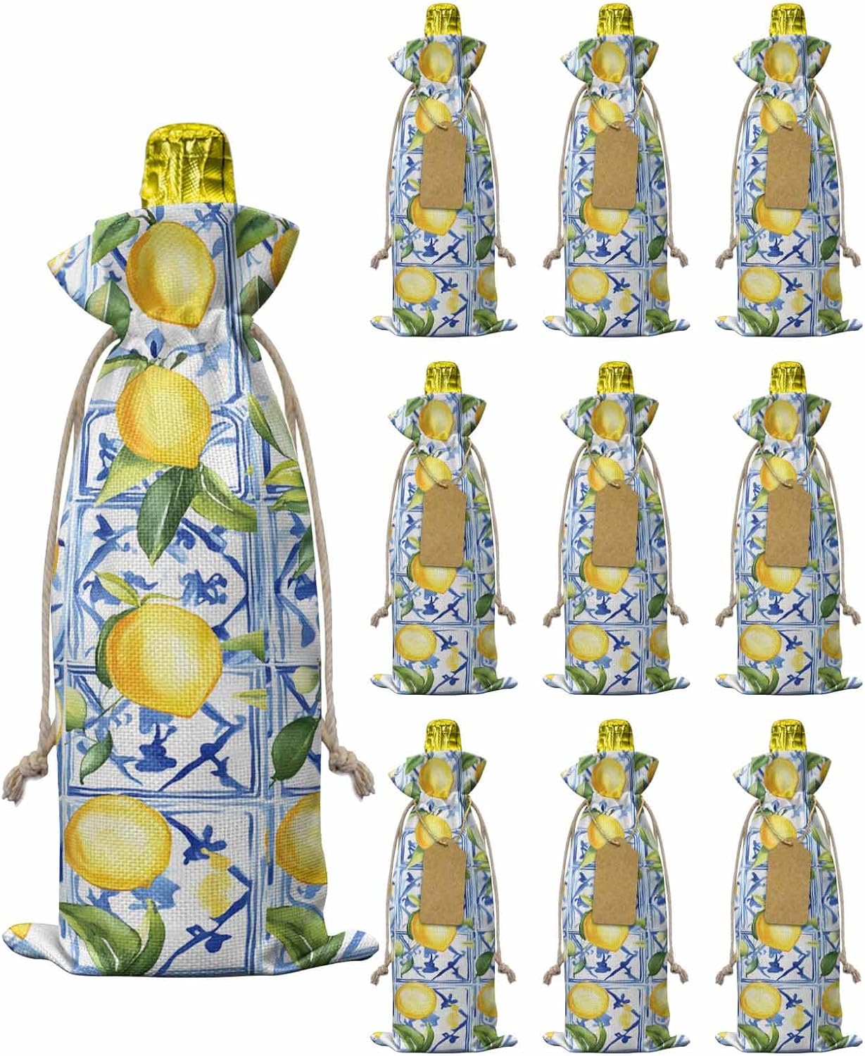 Yellow Lemon Wine Gift Bags 10PCS,Botanical Spring Leaves Abstract Blue Tile Reusable Burlap Cloth Wine Bottle Bags with Drawstring for Wedding,Cruise,Birthday,Home Storage & Gift Decoration,6.3x13.7