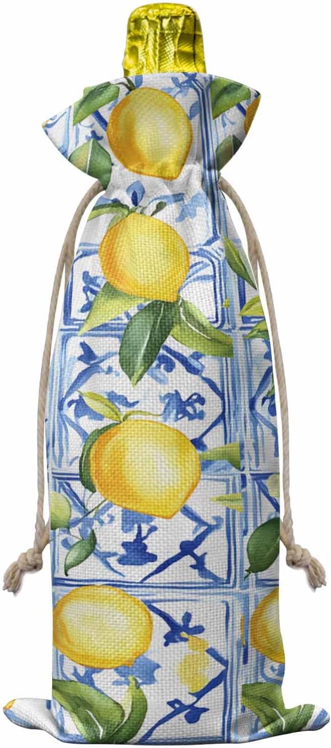 Yellow Lemon Wine Gift Bags 10PCS,Botanical Spring Leaves Abstract Blue Tile Reusable Burlap Cloth Wine Bottle Bags with Drawstring for Wedding,Cruise,Birthday,Home Storage & Gift Decoration,6.3x13.7