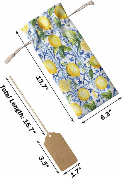Yellow Lemon Wine Gift Bags 10PCS,Botanical Spring Leaves Abstract Blue Tile Reusable Burlap Cloth Wine Bottle Bags with Drawstring for Wedding,Cruise,Birthday,Home Storage & Gift Decoration,6.3x13.7