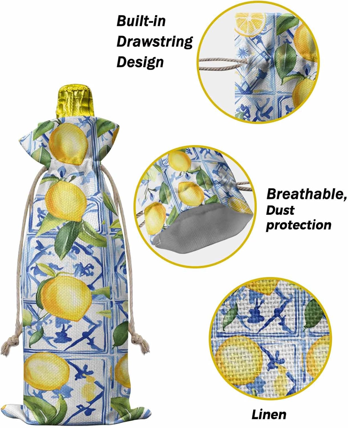 Yellow Lemon Wine Gift Bags 10PCS,Botanical Spring Leaves Abstract Blue Tile Reusable Burlap Cloth Wine Bottle Bags with Drawstring for Wedding,Cruise,Birthday,Home Storage & Gift Decoration,6.3x13.7