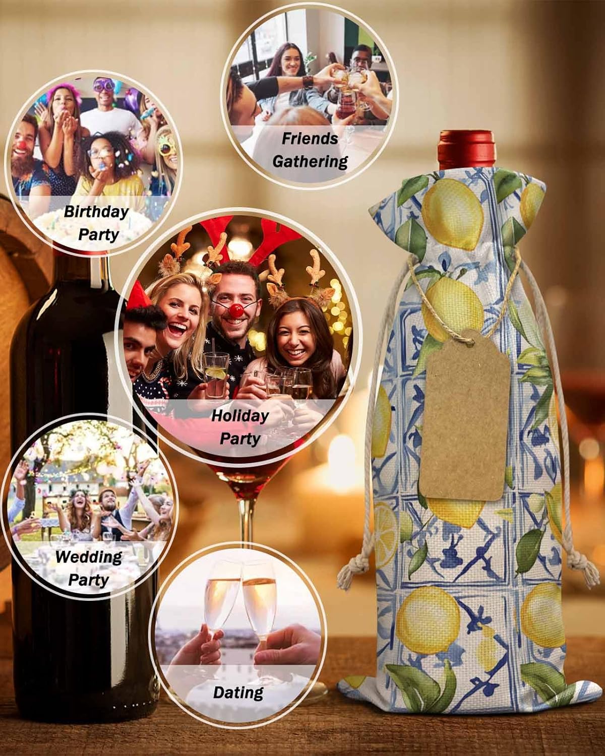Yellow Lemon Wine Gift Bags 10PCS,Botanical Spring Leaves Abstract Blue Tile Reusable Burlap Cloth Wine Bottle Bags with Drawstring for Wedding,Cruise,Birthday,Home Storage & Gift Decoration,6.3x13.7