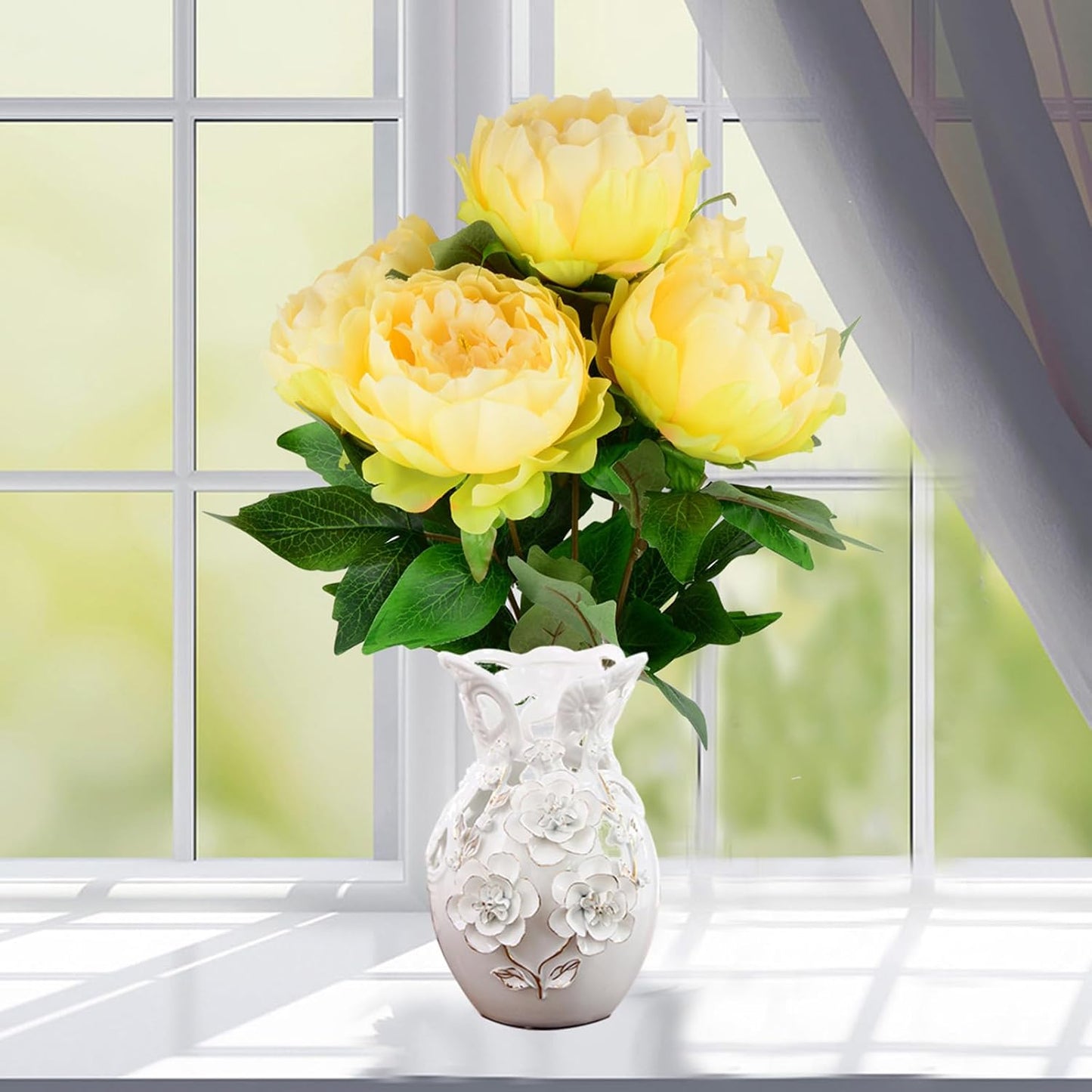 Artificial Peony Silk Flowers Bouquet Home Wedding Decoration (Light Yellow)