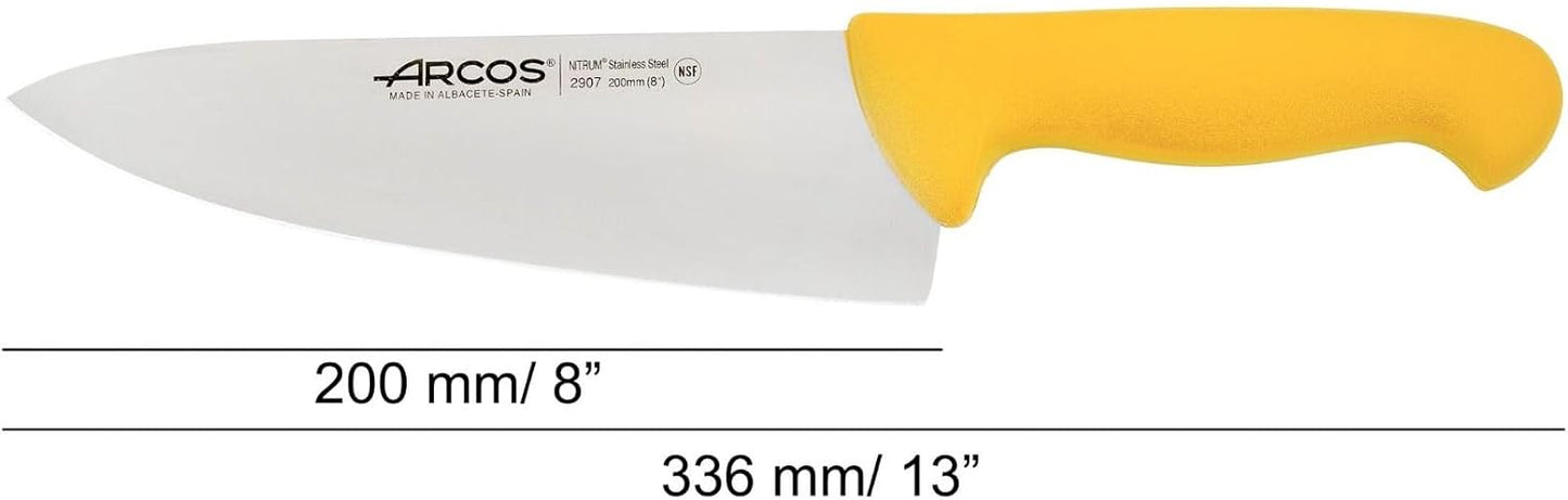 Chef Knife 8 Inch Nitrum Stainless Steel and 200 mm blade. Professional Multipurpose Cooking Knife. Ergonomic Polypropylene Handle. Series 2900. Color Yellow