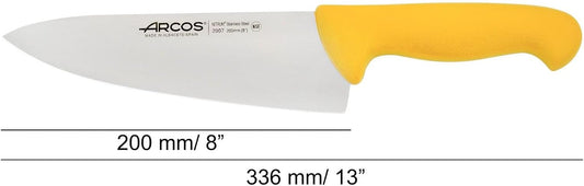 Chef Knife 8 Inch Nitrum Stainless Steel and 200 mm blade. Professional Multipurpose Cooking Knife. Ergonomic Polypropylene Handle. Series 2900. Color Yellow