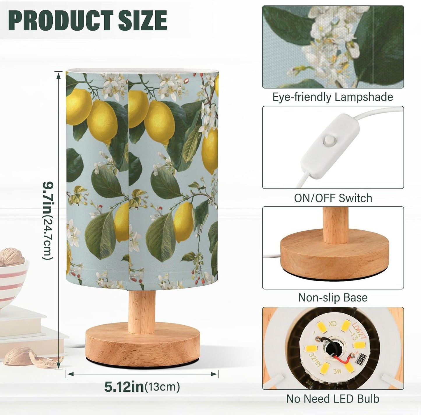Bedside Table Lamp Lemon Yellow Citrus Fruits (1) Kids Nightstand Lamp Night Light Fabric Shade for Bedroom Living Room Home Office
