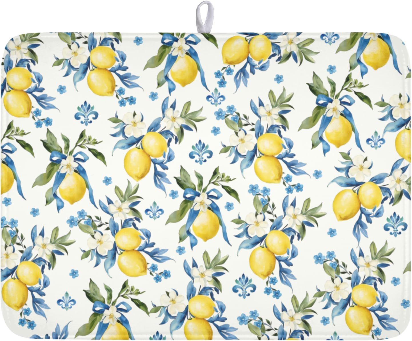 Lemon Dish Drying Mat-18x24 Inch Blue Chinoiserie Dishes Drying Pad Floral Dish Draining Mat for Kitchen Dining Counter