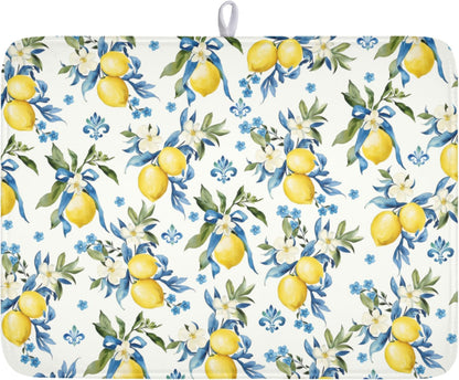 Lemon Dish Drying Mat-18x24 Inch Blue Chinoiserie Dishes Drying Pad Floral Dish Draining Mat for Kitchen Dining Counter