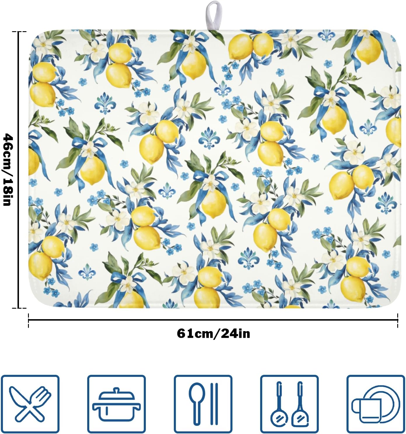 Lemon Dish Drying Mat-18x24 Inch Blue Chinoiserie Dishes Drying Pad Floral Dish Draining Mat for Kitchen Dining Counter