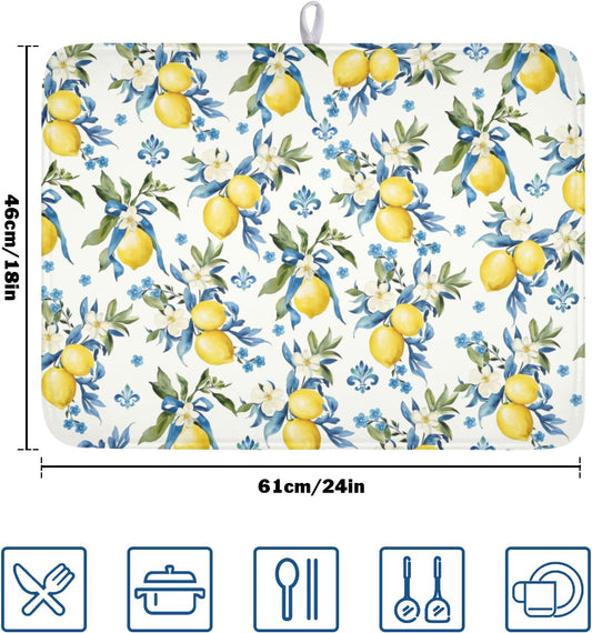 Lemon Dish Drying Mat-18x24 Inch Blue Chinoiserie Dishes Drying Pad Floral Dish Draining Mat for Kitchen Dining Counter