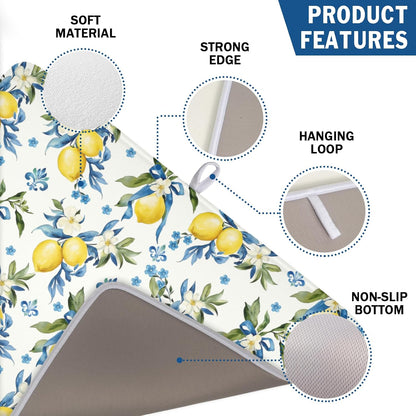 Lemon Dish Drying Mat-18x24 Inch Blue Chinoiserie Dishes Drying Pad Floral Dish Draining Mat for Kitchen Dining Counter