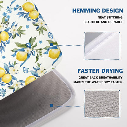 Lemon Dish Drying Mat-18x24 Inch Blue Chinoiserie Dishes Drying Pad Floral Dish Draining Mat for Kitchen Dining Counter