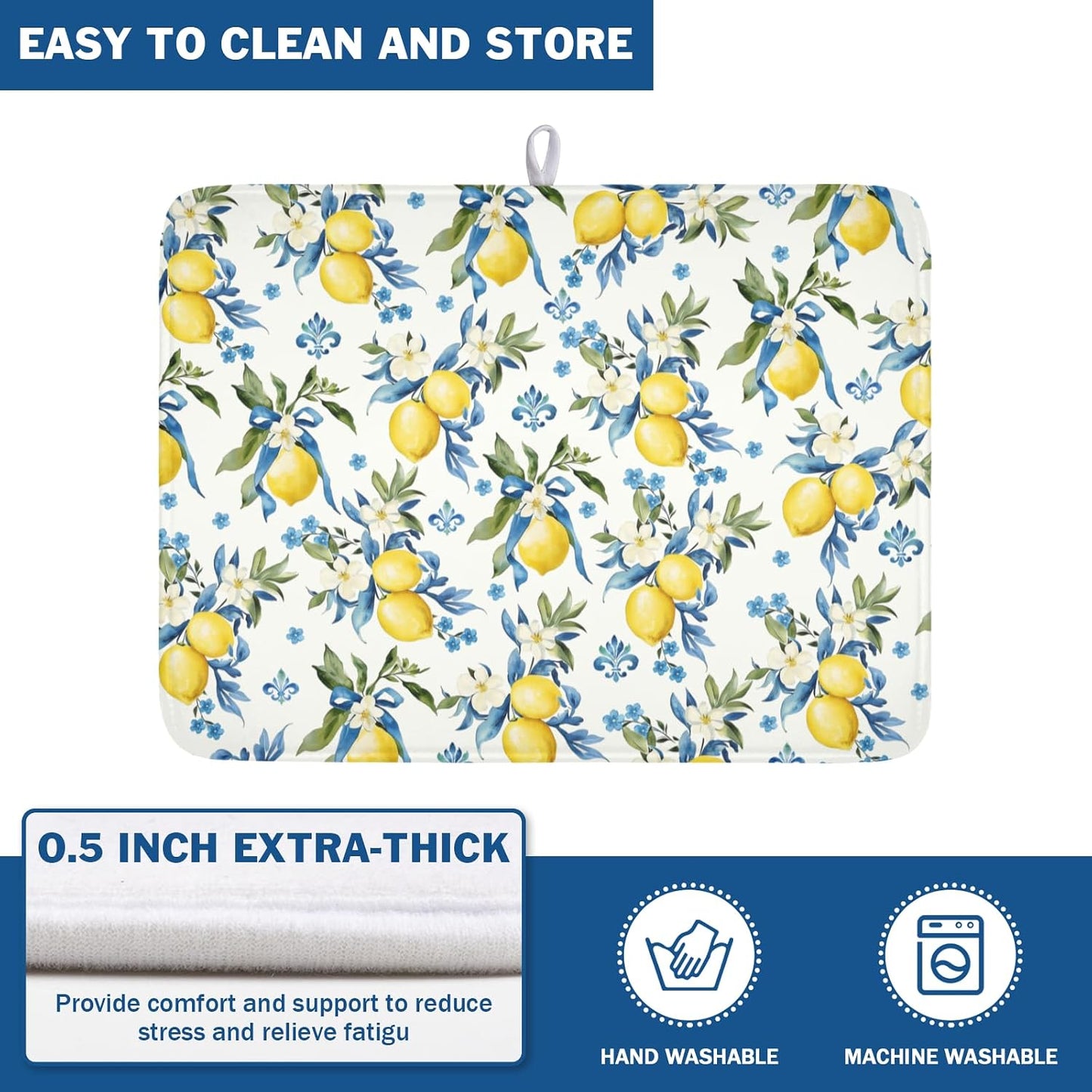Lemon Dish Drying Mat-18x24 Inch Blue Chinoiserie Dishes Drying Pad Floral Dish Draining Mat for Kitchen Dining Counter