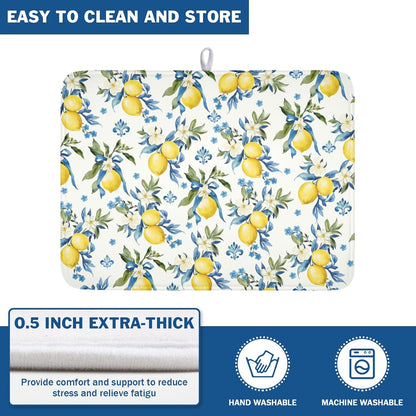 Lemon Dish Drying Mat-18x24 Inch Blue Chinoiserie Dishes Drying Pad Floral Dish Draining Mat for Kitchen Dining Counter