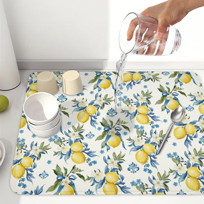 Lemon Dish Drying Mat-18x24 Inch Blue Chinoiserie Dishes Drying Pad Floral Dish Draining Mat for Kitchen Dining Counter