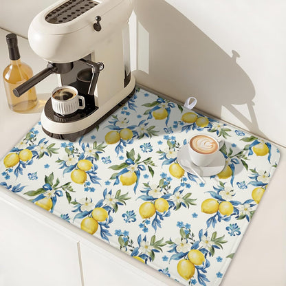 Lemon Dish Drying Mat-18x24 Inch Blue Chinoiserie Dishes Drying Pad Floral Dish Draining Mat for Kitchen Dining Counter