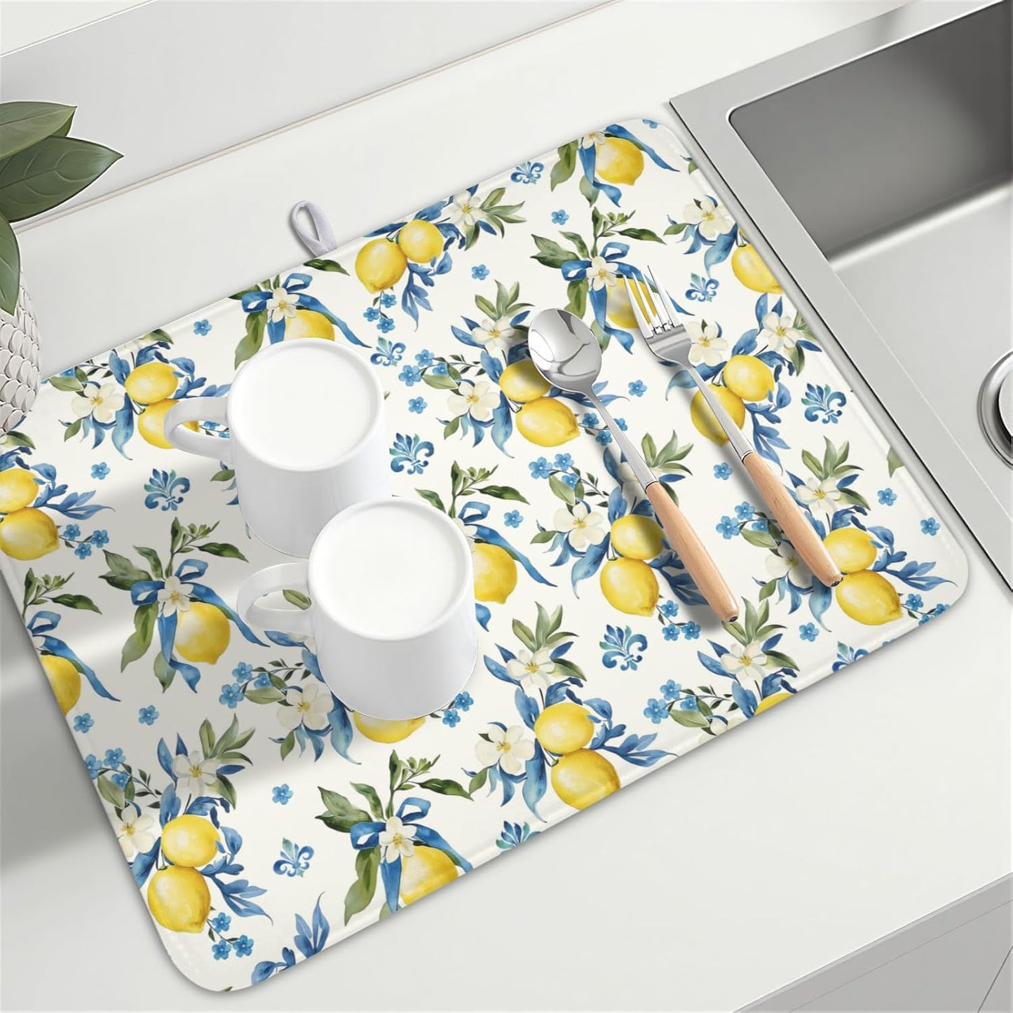 Lemon Dish Drying Mat-18x24 Inch Blue Chinoiserie Dishes Drying Pad Floral Dish Draining Mat for Kitchen Dining Counter